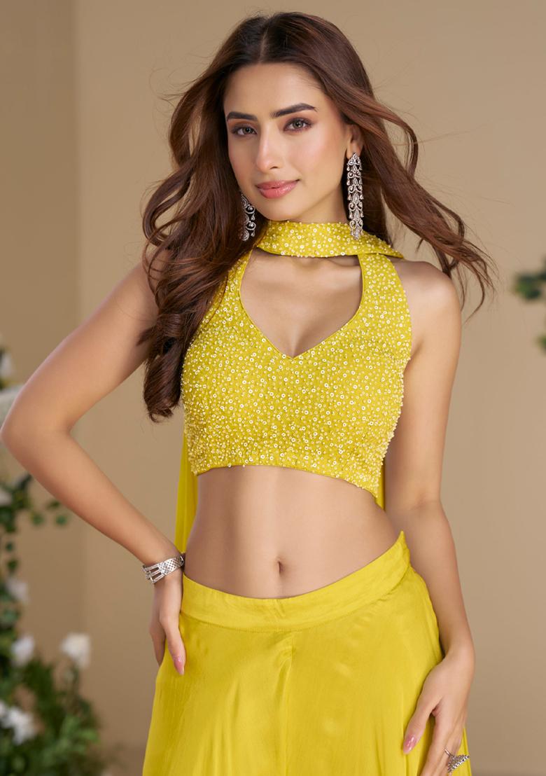 Yellow Embroidery Work Blended Salwar Kameez With Dupatta - Indya