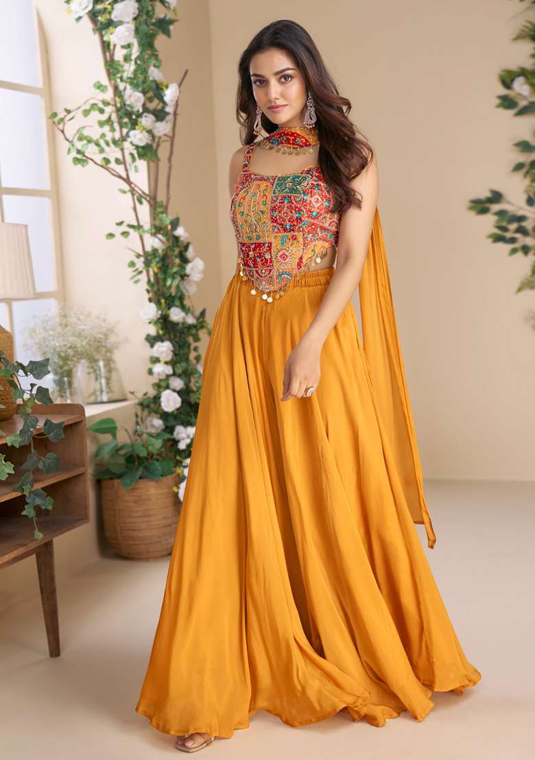 Orange Embroidery Work Blended Salwar Kameez With Dupatta - Indya
