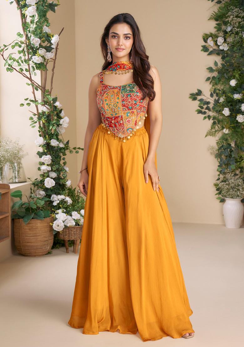 Orange Embroidery Work Blended Salwar Kameez With Dupatta - Indya