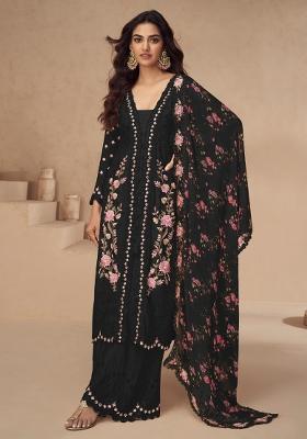 Black Embroidery Work Chinon Salwar Kameez With Dupatta