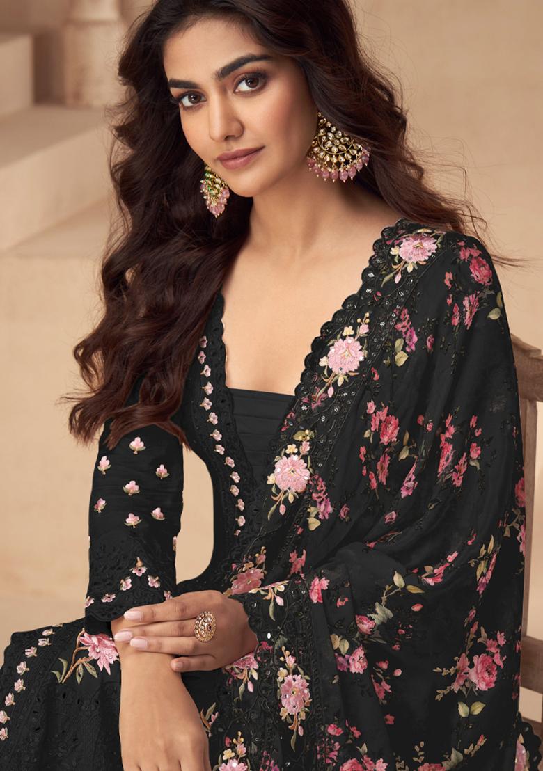 Black Embroidery Work Chinon Salwar Kameez With Dupatta - Indya