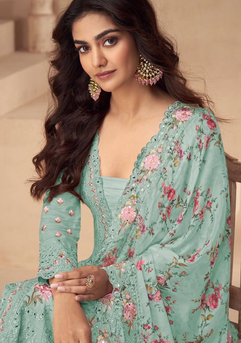 Baby Blue Embroidery Work Chinon Salwar Kameez With Dupatta - Indya