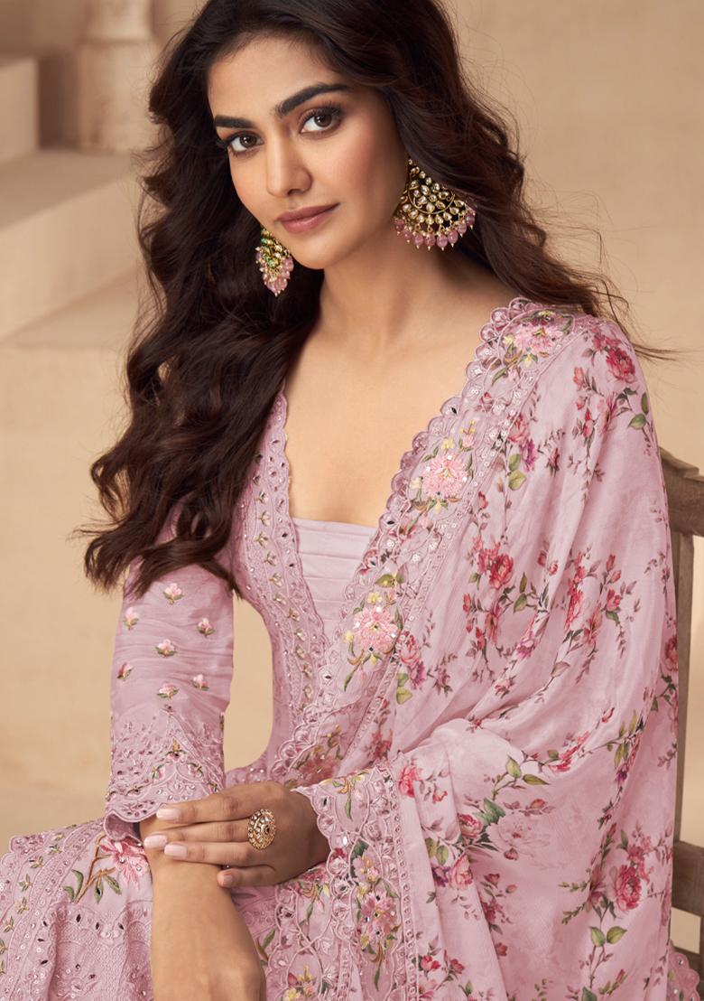 Pink Embroidery Work Chinon Salwar Kameez With Dupatta - Indya