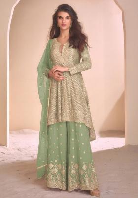 Pista Green Embroidery Work Georgette Salwar Kameez With Dupatta