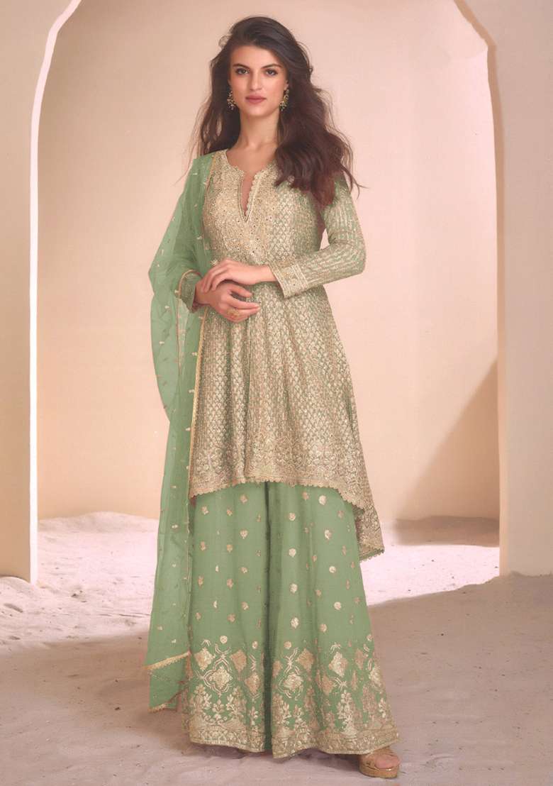 Pista Green Embroidery Work Georgette Salwar Kameez With Dupatta - Indya