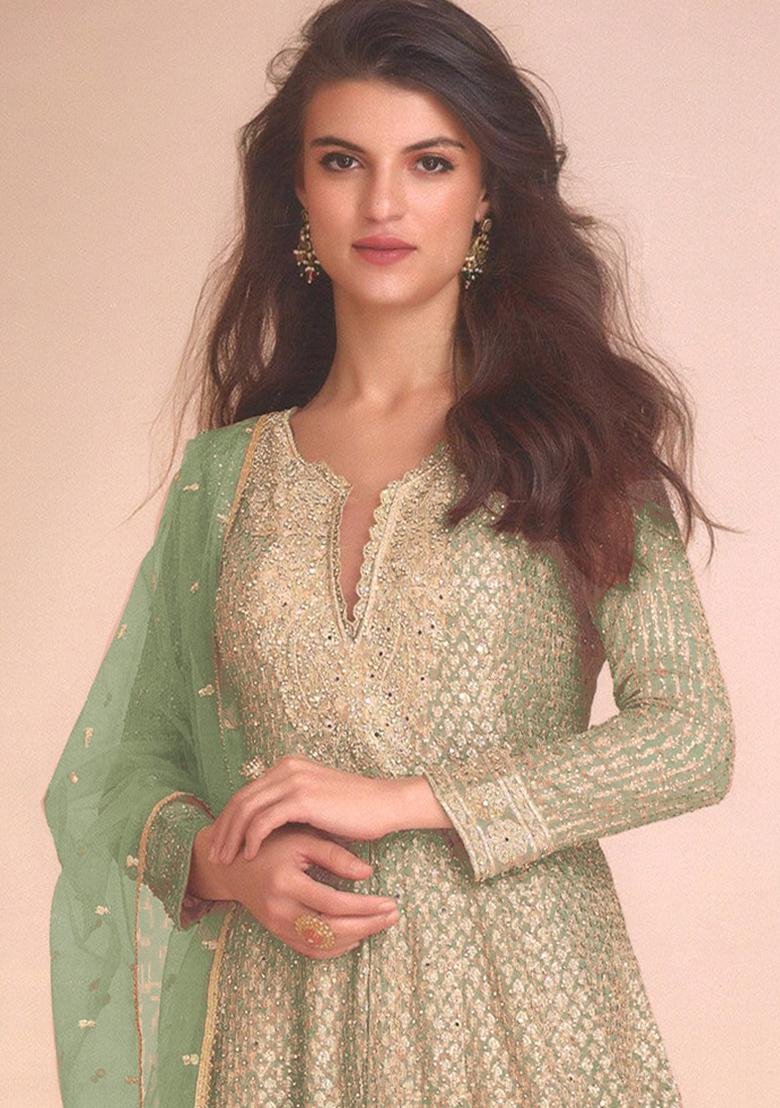 Pista Green Embroidery Work Georgette Salwar Kameez With Dupatta - Indya
