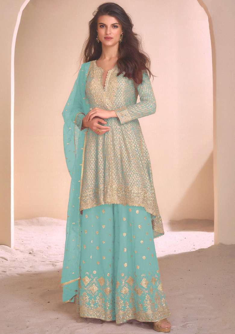 Baby Blue Embroidery Work Georgette Salwar Kameez With Dupatta - Indya