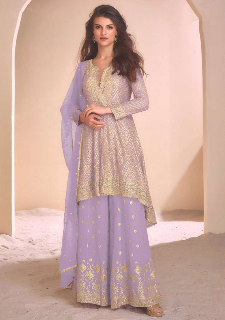Lilac Embroidery Work Georgette Salwar Kameez With Dupatta - Indya