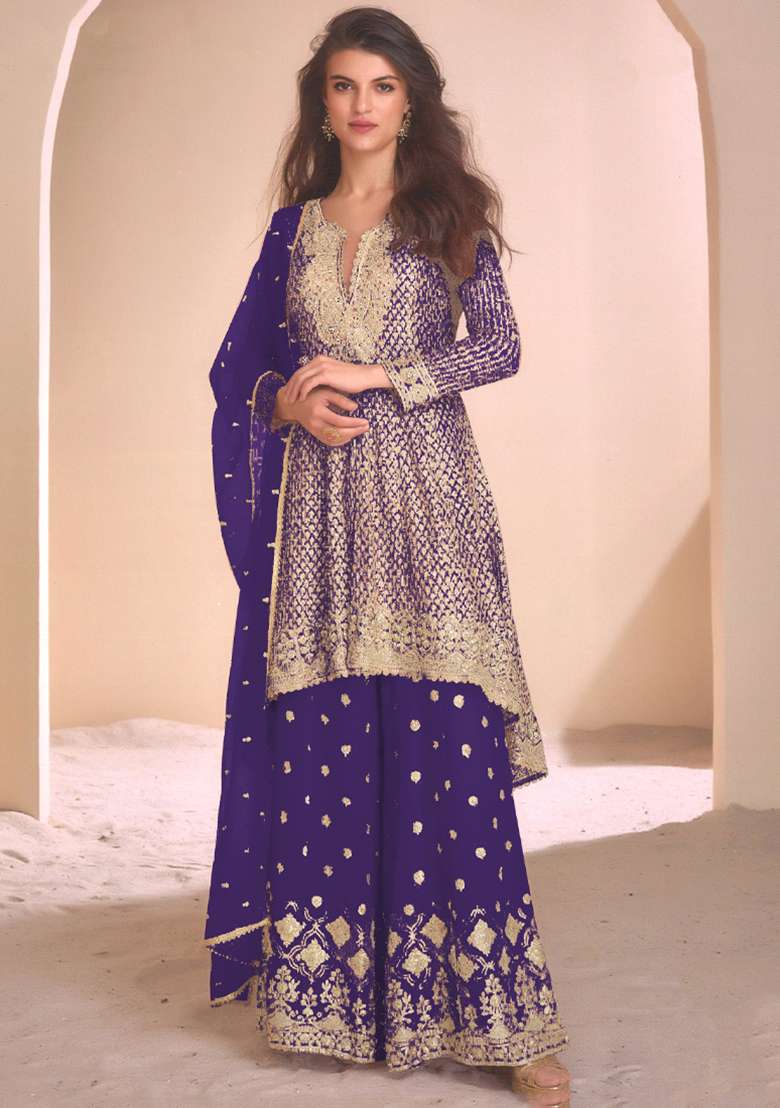 Blue Embroidery Work Georgette Salwar Kameez With Dupatta - Indya