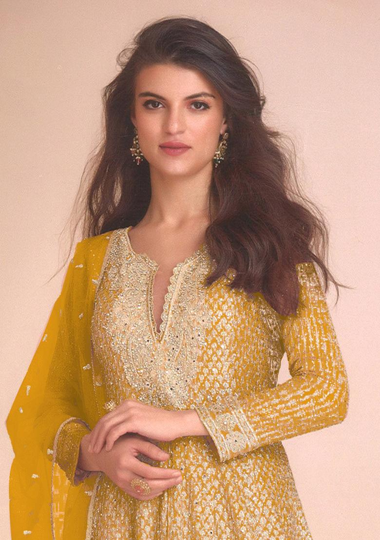 Yellow Embroidery Work Georgette Salwar Kameez With Dupatta - Indya