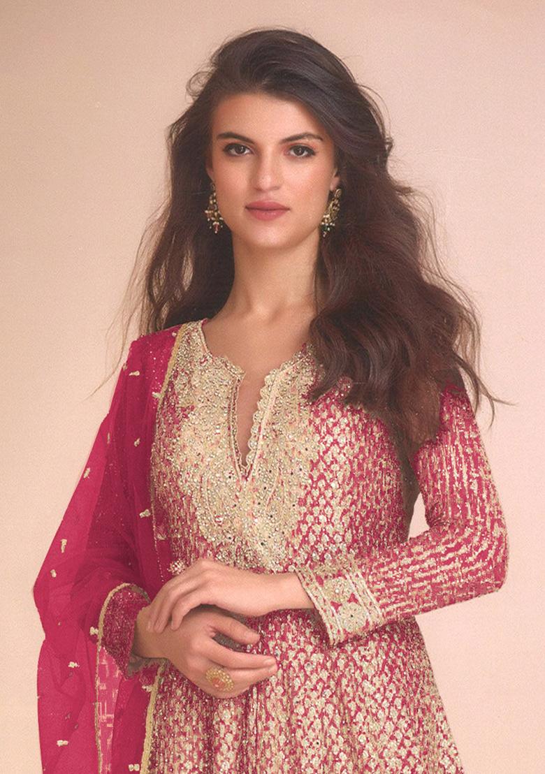 Rani Pink Embroidery Work Georgette Salwar Kameez With Dupatta - Indya