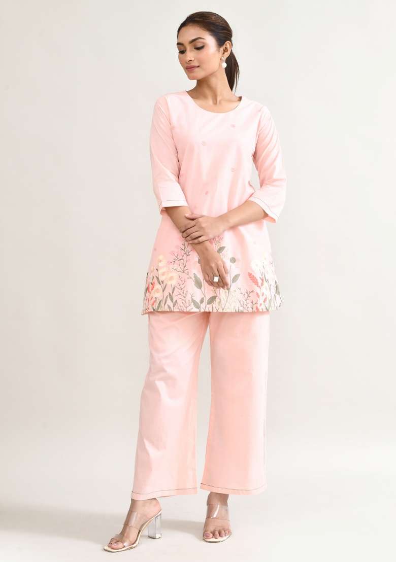 Pink Printed Cotton Co Ord Set - Indya