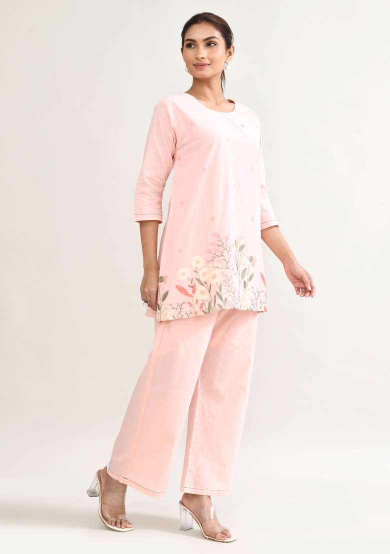 Pink Printed Cotton Co Ord Set - Indya