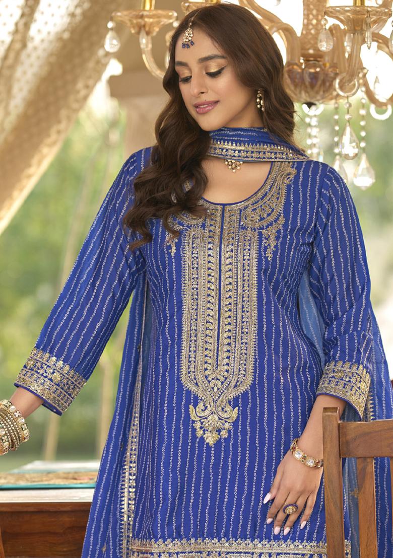 Blue Embroidered Chinon Salwar Suit