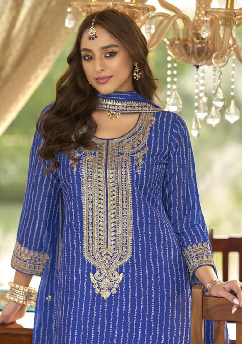 Blue Embroidered Chinon Salwar Suit