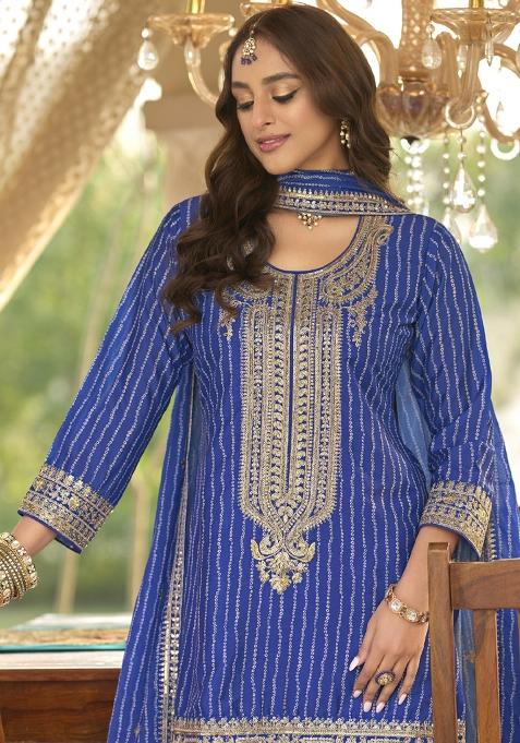 Blue Embroidered Chinon Salwar Suit
