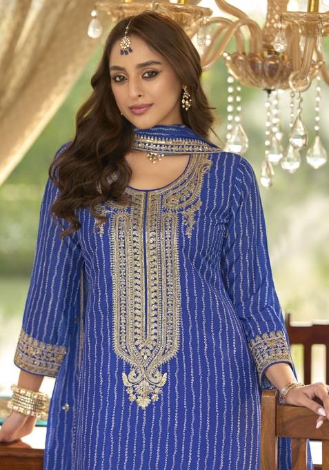 Blue Embroidered Chinon Salwar Suit
