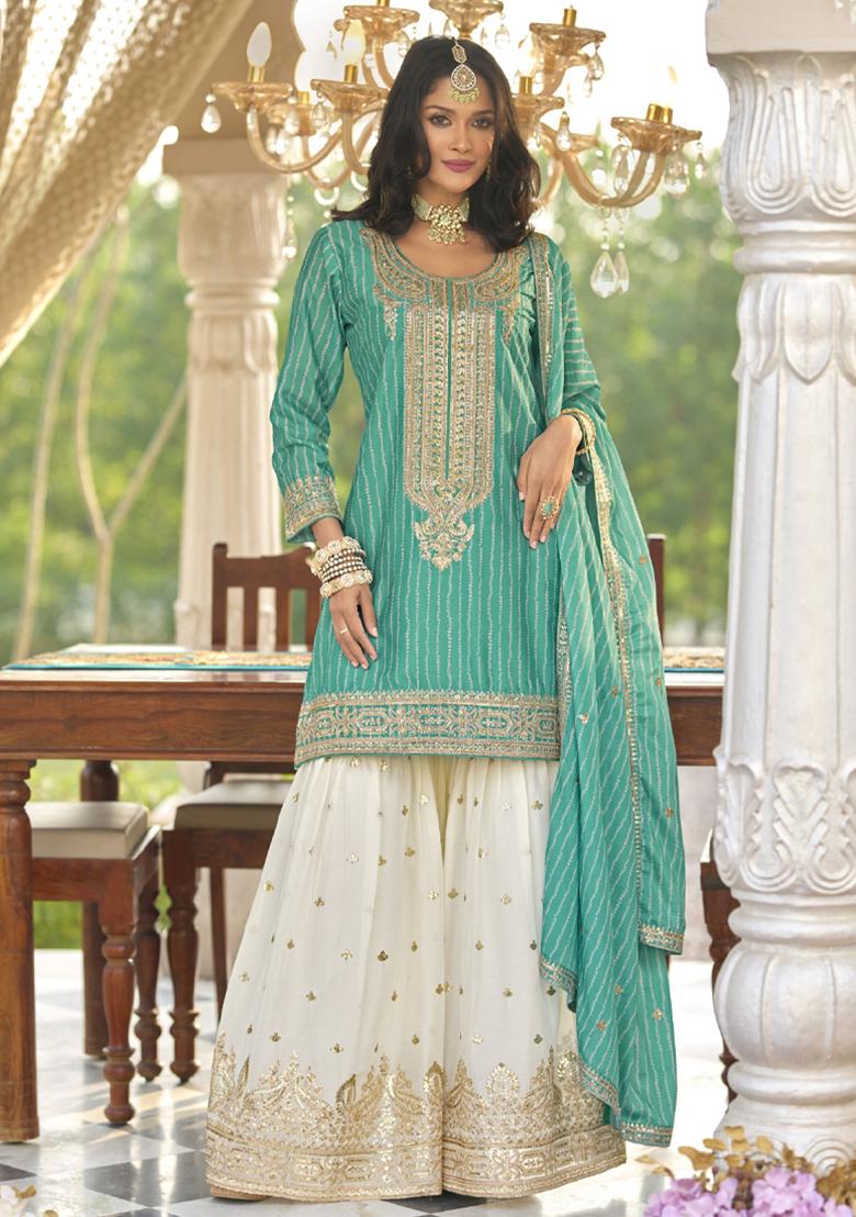 Aqua Blue Embroidered Chinon Salwar Suit