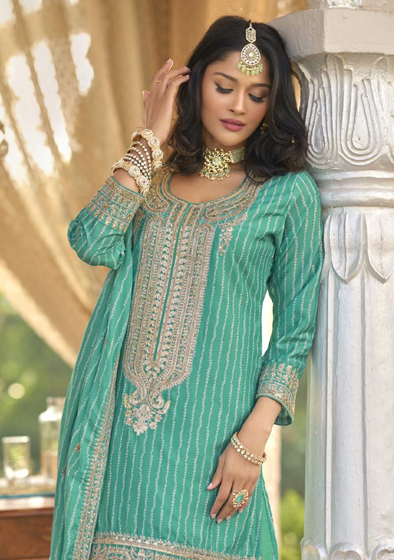 Aqua Blue Embroidered Chinon Salwar Suit