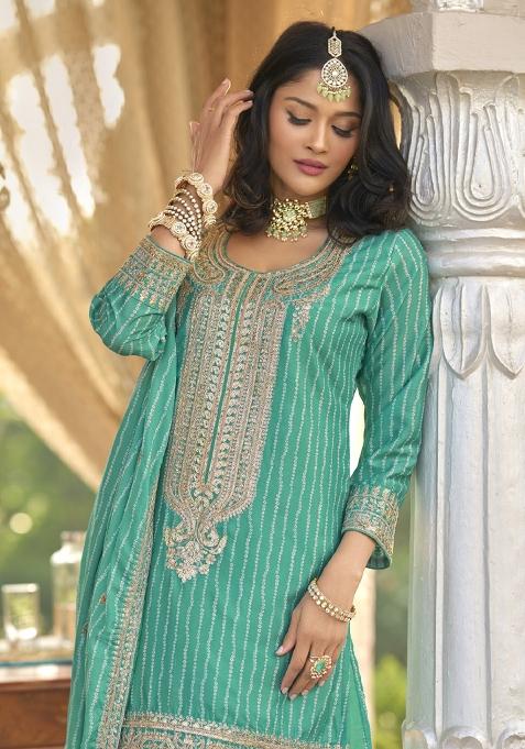 Aqua Blue Embroidered Chinon Salwar Suit