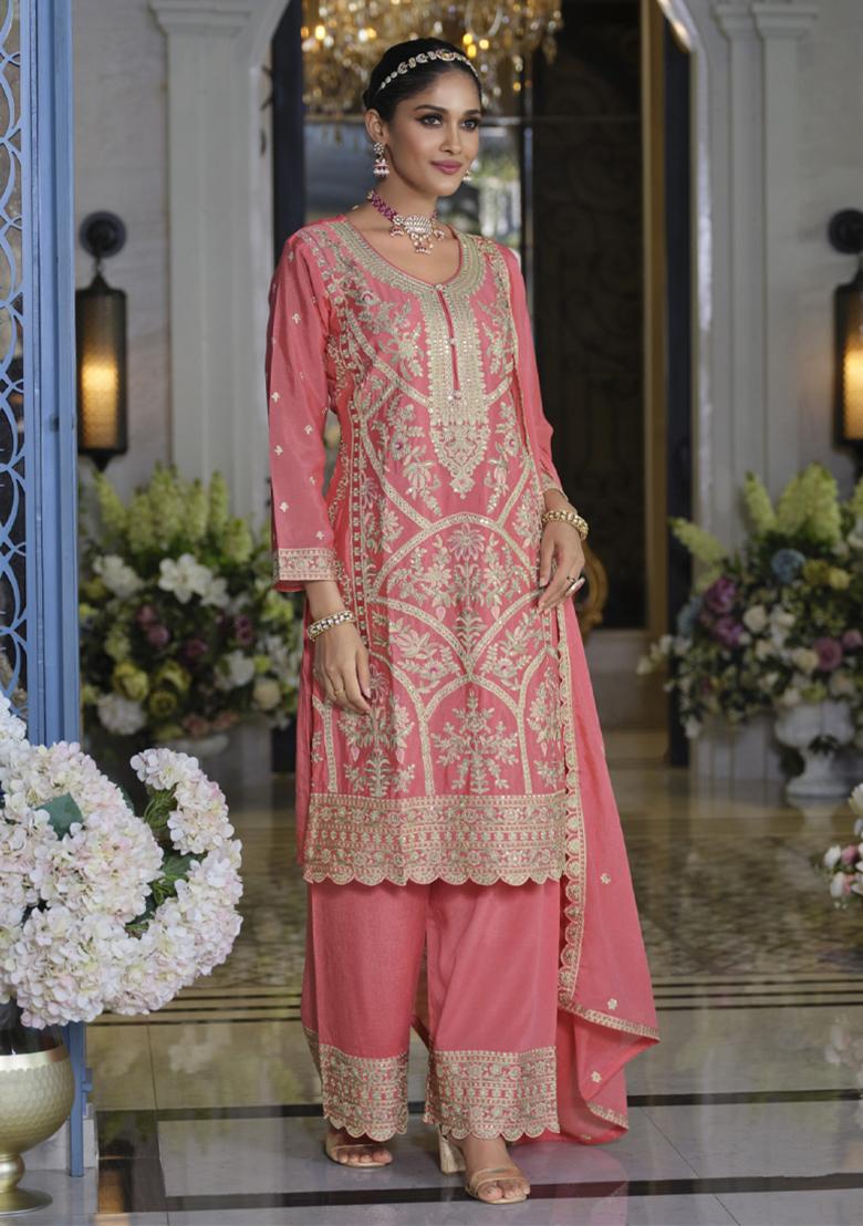 Pink Embroidered Chinon Salwar Suit