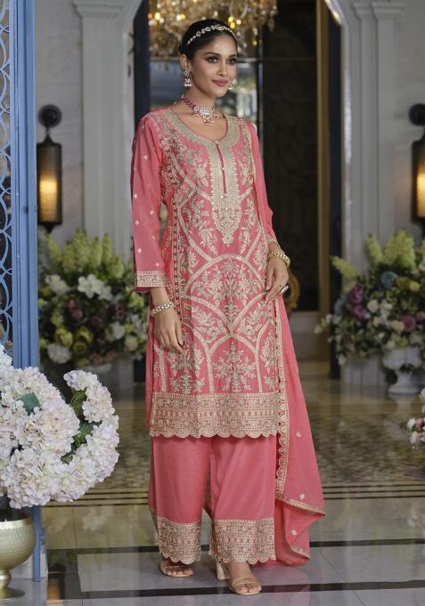 Pink Embroidered Chinon Salwar Suit
