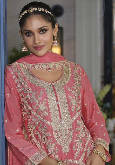 Pink Embroidered Chinon Salwar Suit