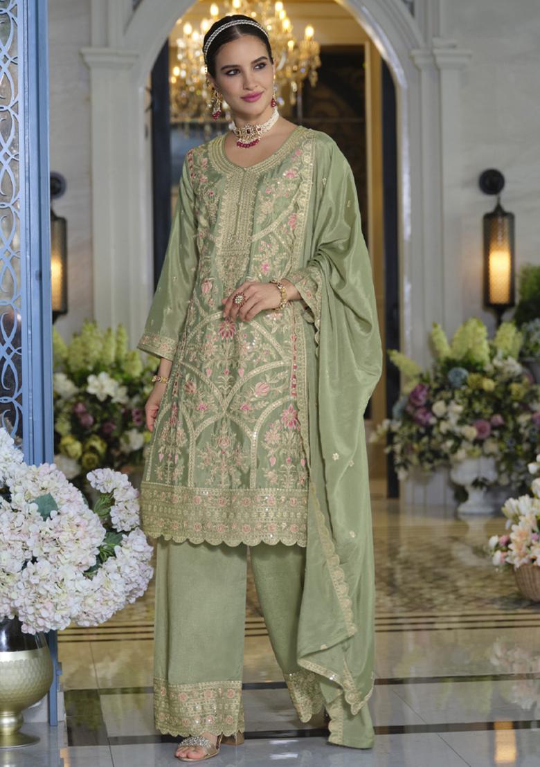 Pista Green Embroidered Chinon Salwar Suit