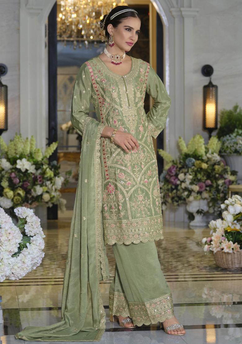 Pista Green Embroidered Chinon Salwar Suit