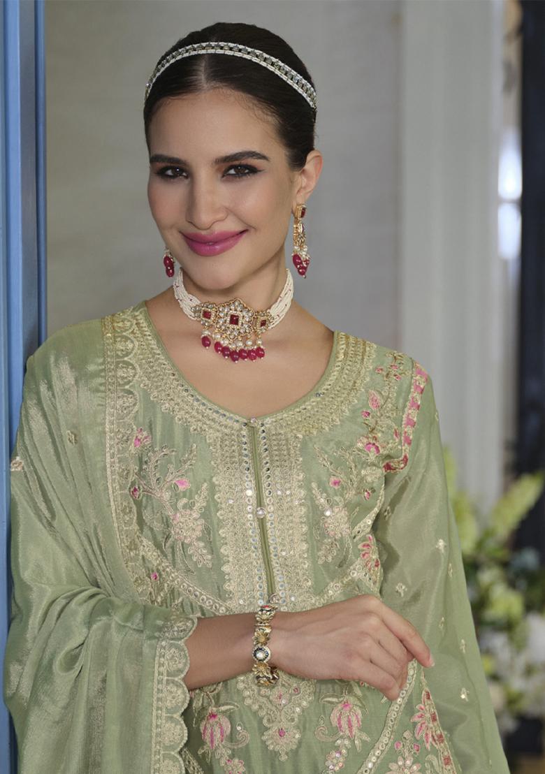 Pista Green Embroidered Chinon Salwar Suit