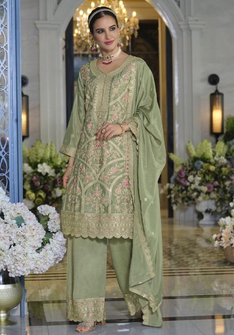 Pista Green Embroidered Chinon Salwar Suit