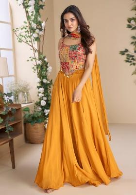 Orange Embroidered Chinon Salwar Suit