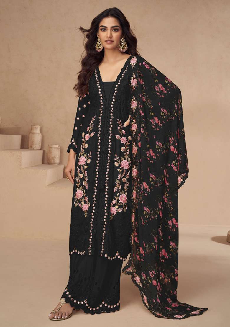 Black Embroidered Chinon Salwar Suit - Indya