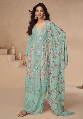 Baby Blue Embroidered Chinon Salwar Suit