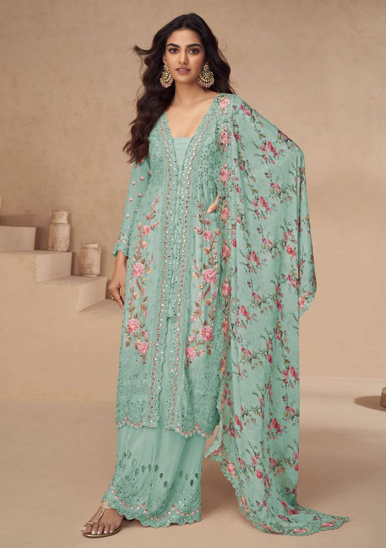 Baby Blue Embroidered Chinon Salwar Suit - Indya