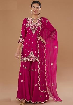 Pink Embroidered Vichitra Sharara Set