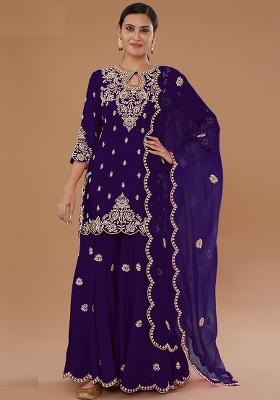 Blue Embroidered Vichitra Kurta Set