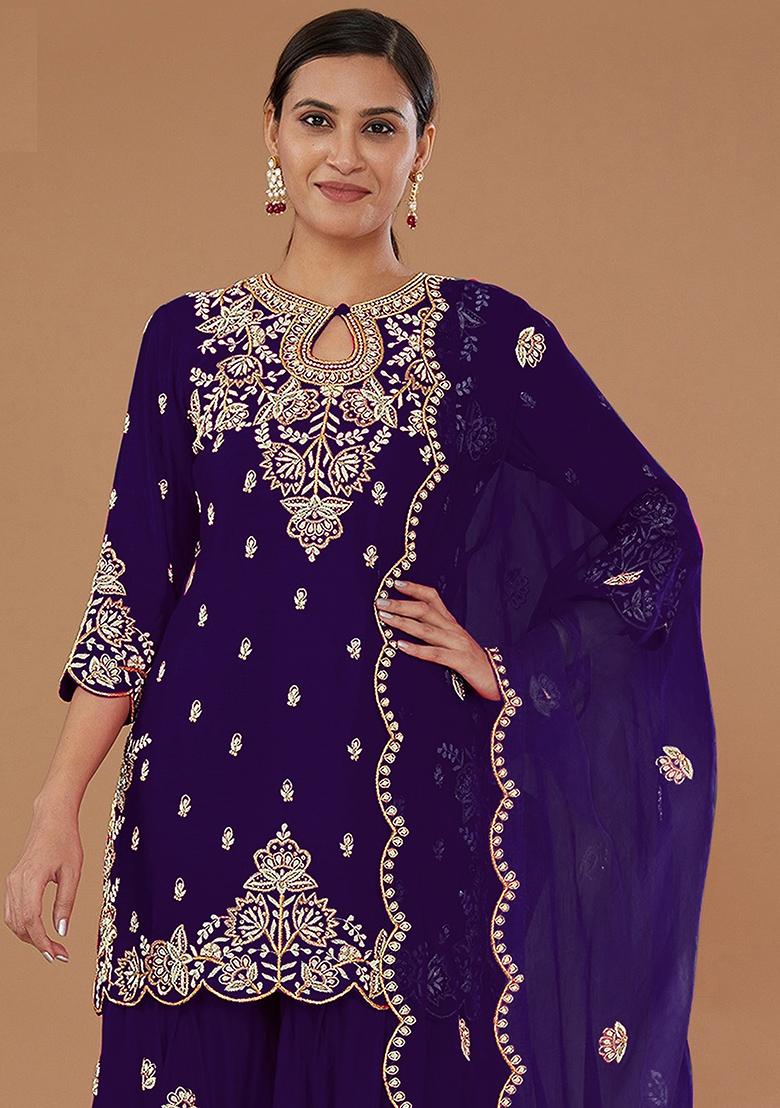 Blue Embroidered Vichitra Kurta Set - Indya