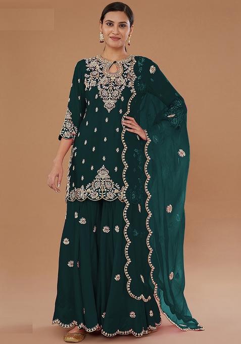 Green Embroidered Vichitra Sharara Set