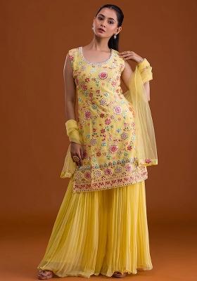 Yellow Embroidered Georgette Kurta Set