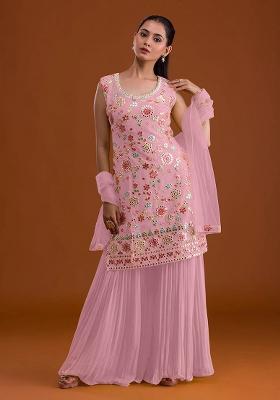 Pink Embroidered Georgette Kurta Set