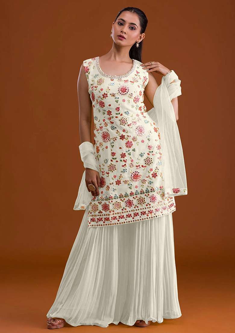 White Embroidered Georgette Sharara Set - Indya