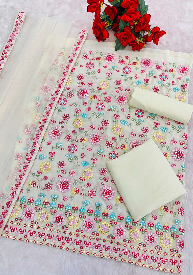 White Embroidered Georgette Sharara Set - Indya