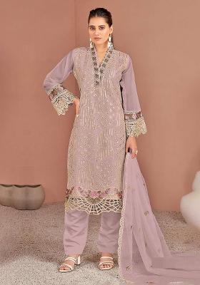 Mauve Embroidered Organza Kurta Set