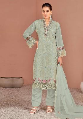 Green Embroidered Organza Kurta Set
