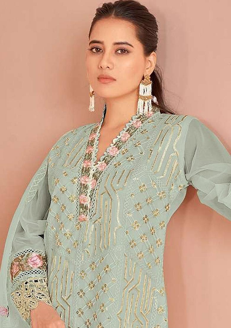 Green Embroidered Organza Kurta Set - Indya