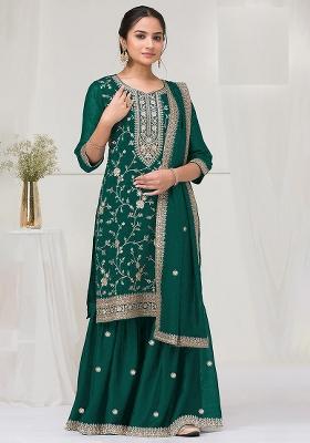 Bottle Green Embroidered Vichitra Kurta Set