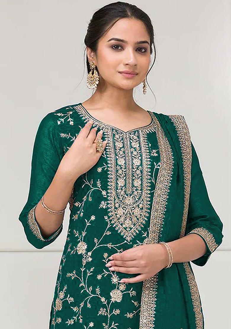 Bottle Green Embroidered Vichitra Kurta Set - Indya