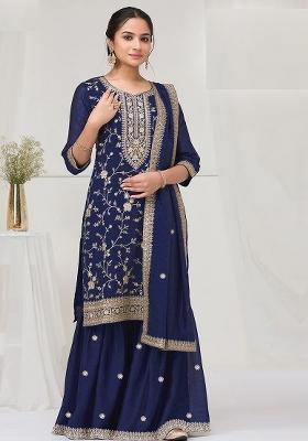 Navy Blue Embroidered Vichitra Kurta Set