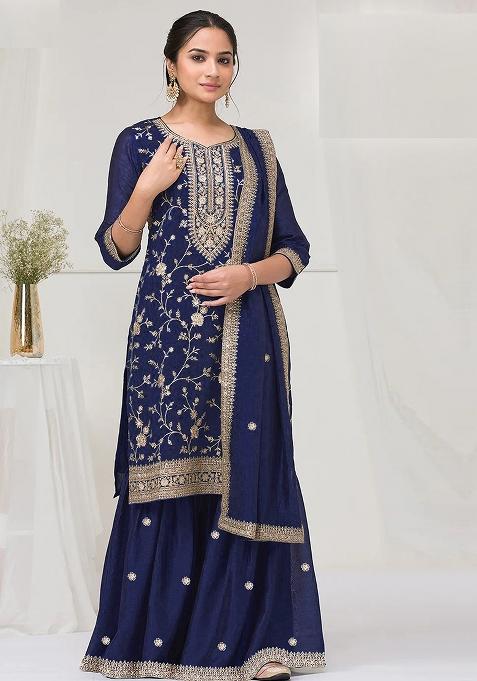 Navy Blue Embroidered Vichitra Kurta Set